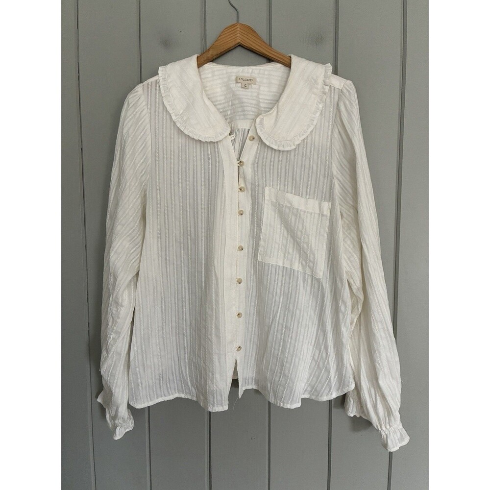 Anthropologie Pilcro Keira Collared Button Front Blouse Top XL Ivory L/S